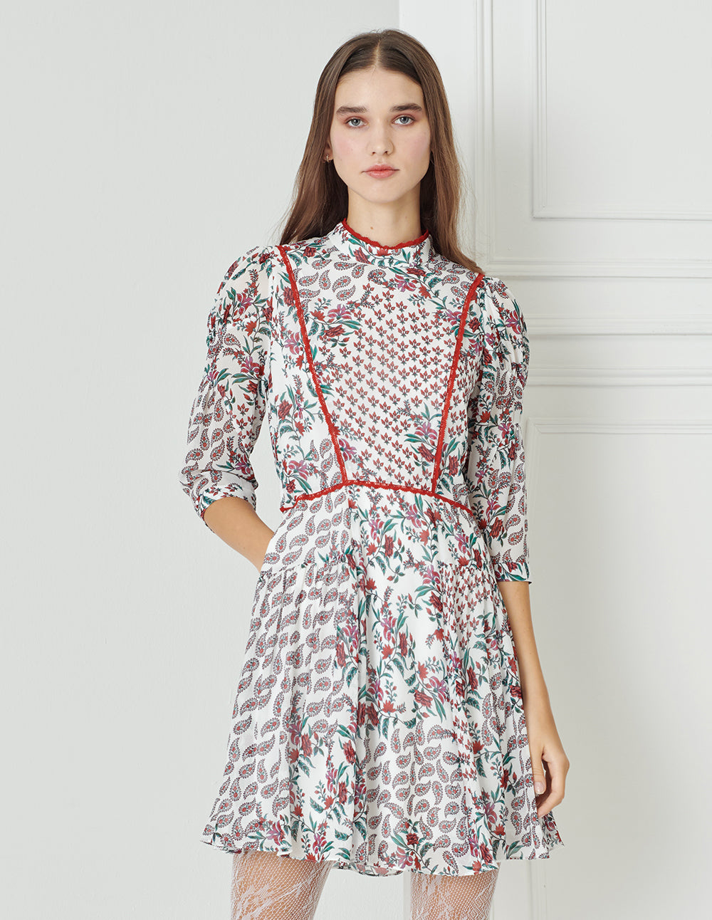 BORA AKSU Sweet Shortcollar Puff Sleeve Paisley Print Dress
