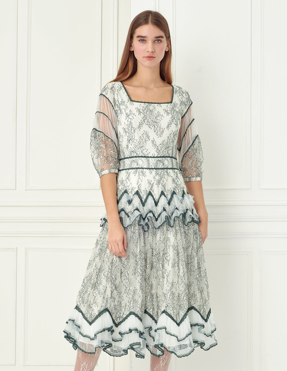 BORA AKSU Lace-Trimmed Floral Lace Square Neck Midi Dress