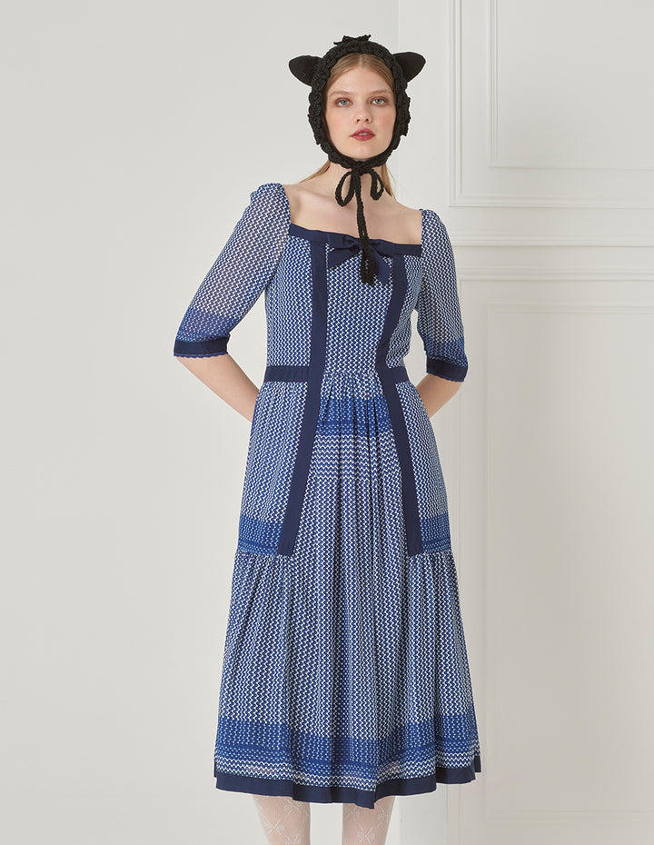 BORA AKSU Vintage Square Neck Puff Sleeve Polka Dot Print Dress