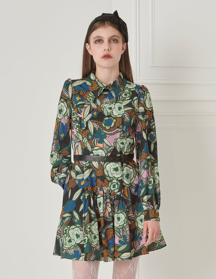 BORA AKSU Puff Sleeve Shirt Collar Printed Long Sleeve Dress