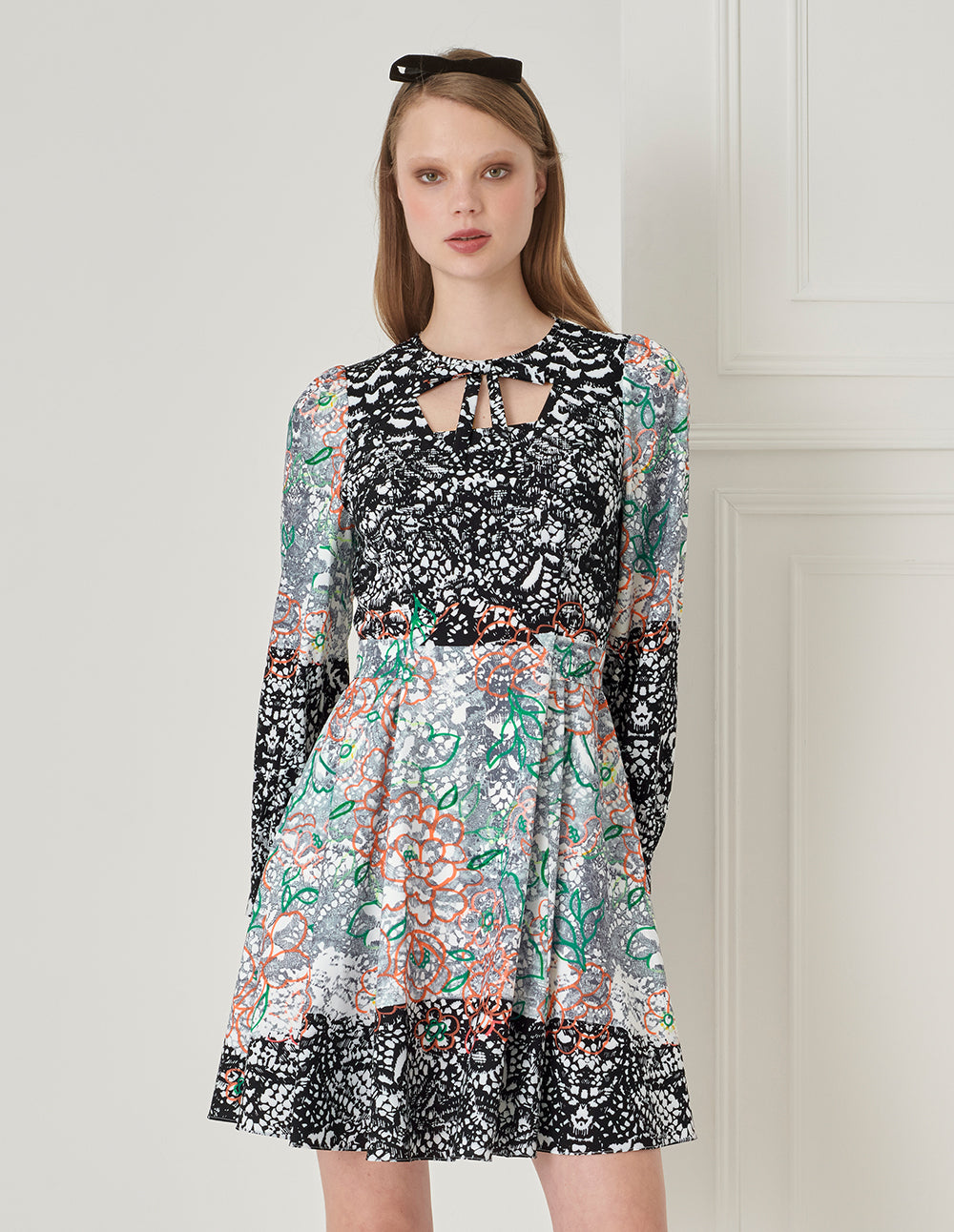 BORA AKSU Temperament Hollow Collar Puff Sleeve Lace Print Dress