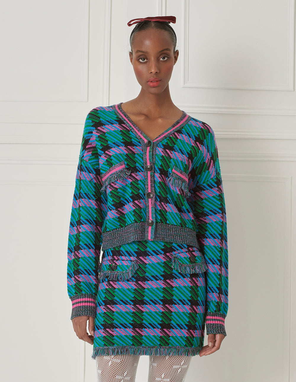 BORA AKSU Vintage Houndstooth Jacquard Wool Knit Mini Skirt