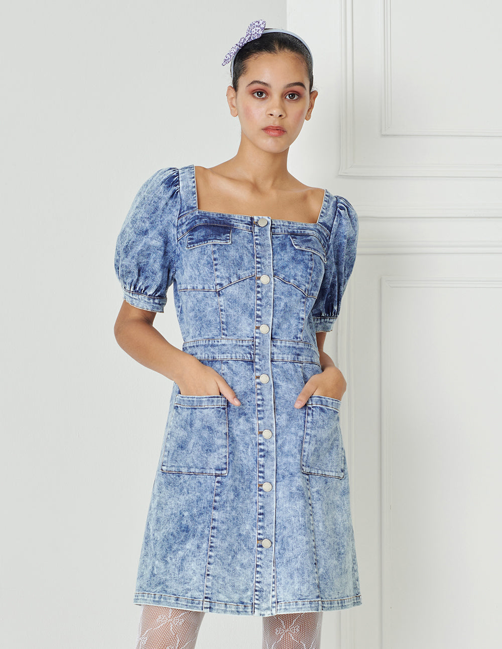 BORA AKSU French Puff Sleeve Square Neck Washed Blue Denim Dress