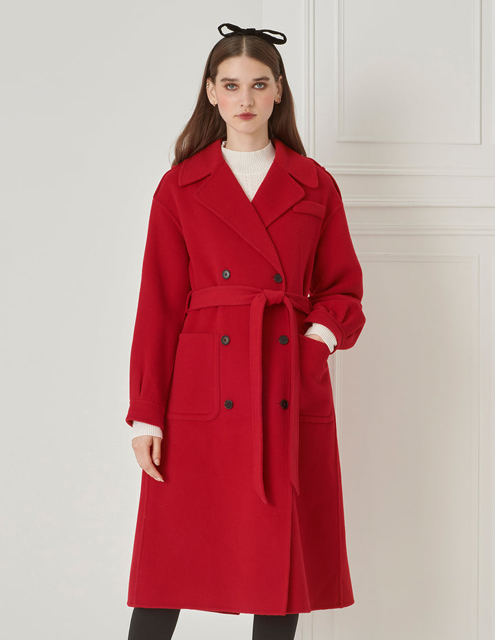 BORA AKSU Elegant Red Lantern Sleeve Lapel Lace-Up Woolen Coat