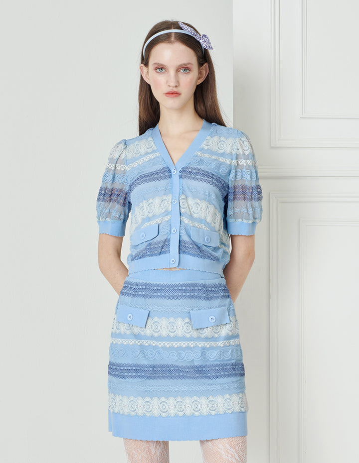 BORA AKSU Sweet Blue And White Lace A-Line Skirt