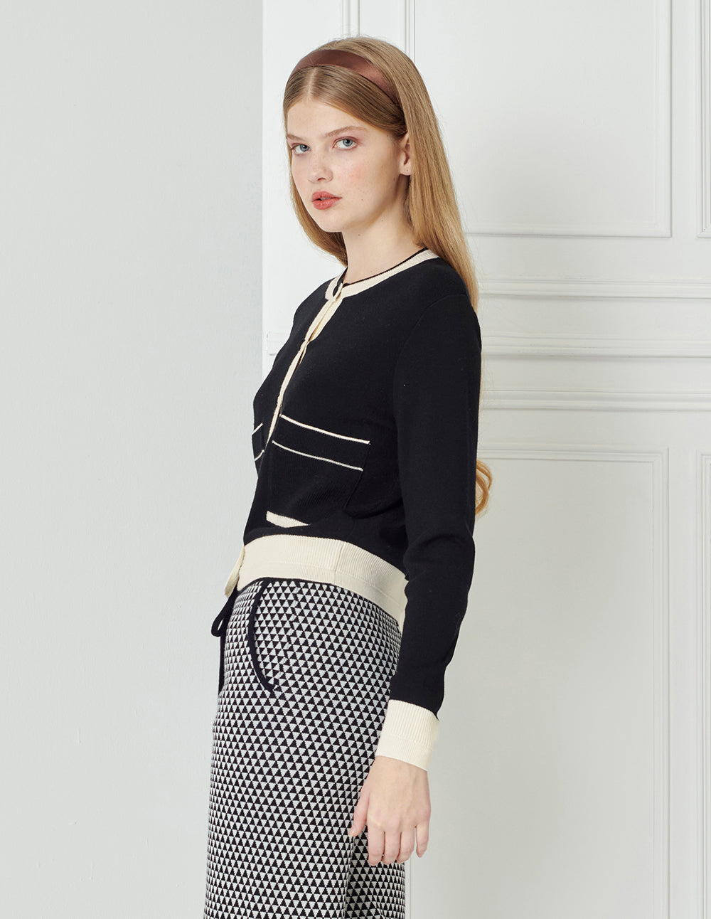 BORA AKSU Simple Colour Block  Round Neck Wool Knitted Cardigan