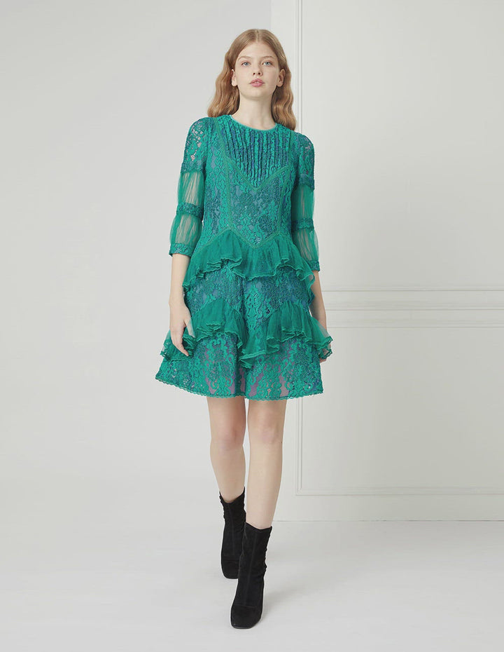 BORA AKSU Turquoise Blue Mesh Lace Ruffled Lace Mini Dress