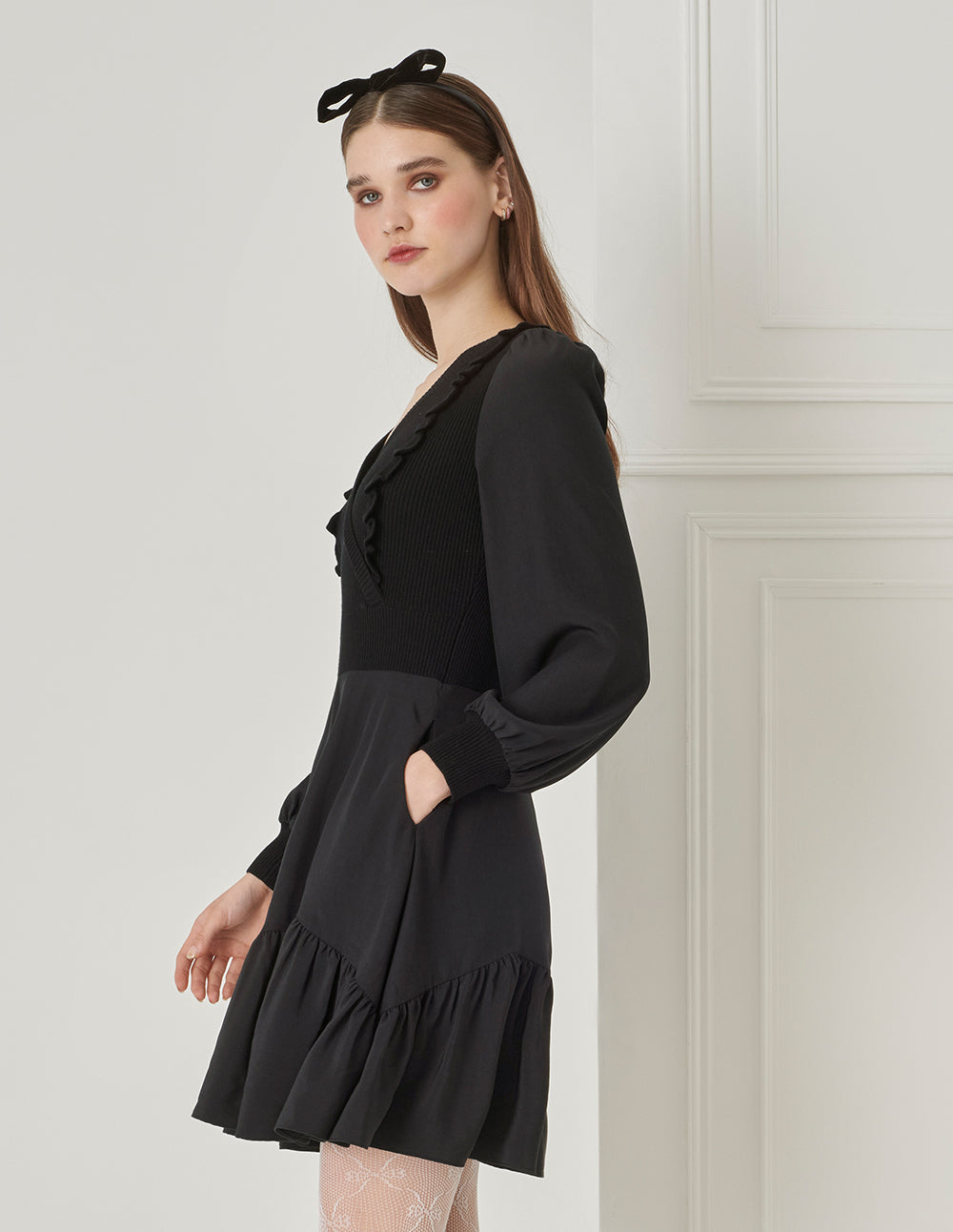 BORA AKSU Puff Sleeve V-Neck Wool Needlepoint A-Line Black Dress