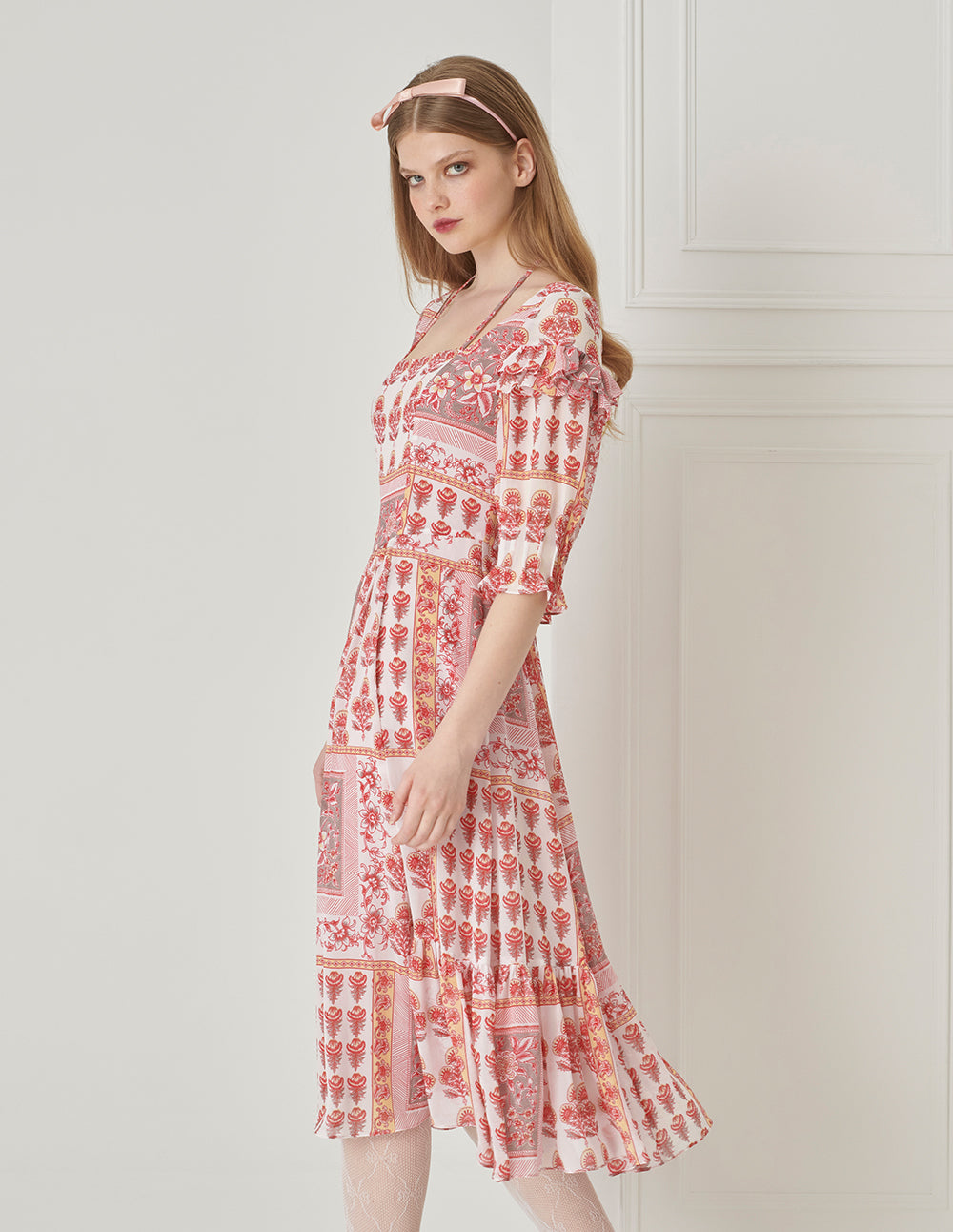 BORA AKSU Vintage Square Neck Tie Pleated Print Dress