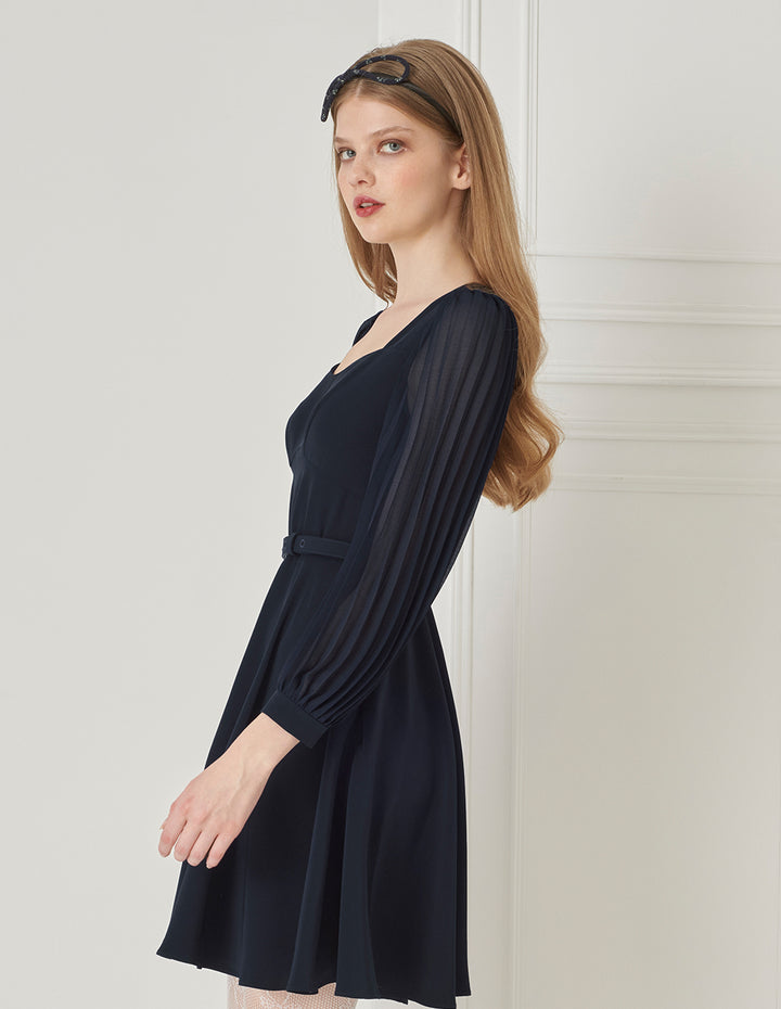 BORA AKSU Elegant Diamond Collar Pleated Stitching Dress