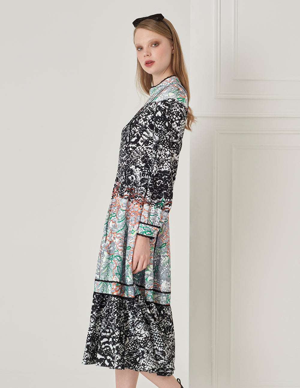 BORA AKSU French Retro Puff Sleeve Stand Collar Printed Dress