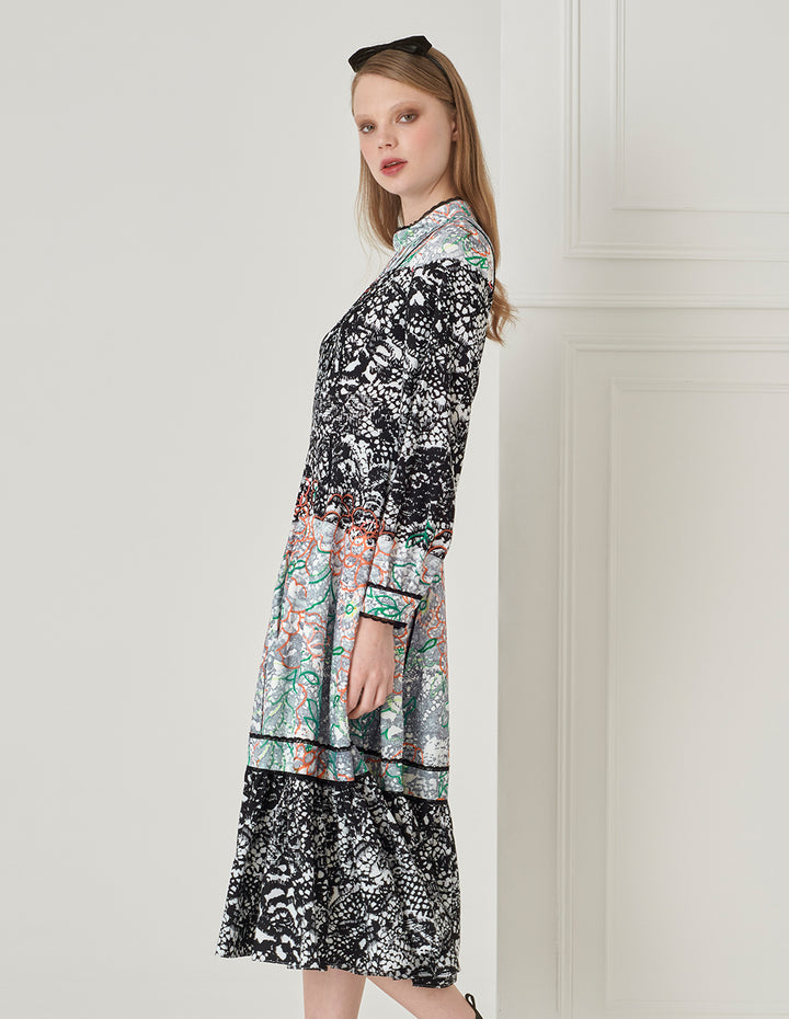 BORA AKSU French Retro Puff Sleeve Stand Collar Printed Dress