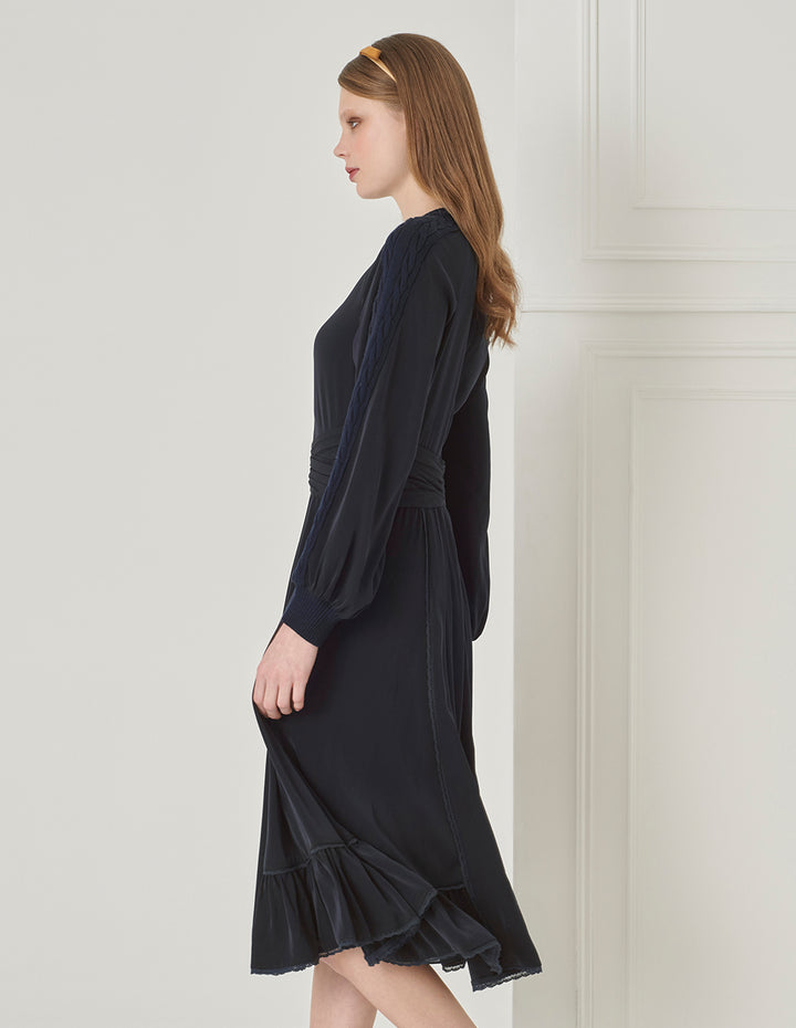 BORA AKSU French Puff Sleeve Elegant Pleated Knit Woven Dress
