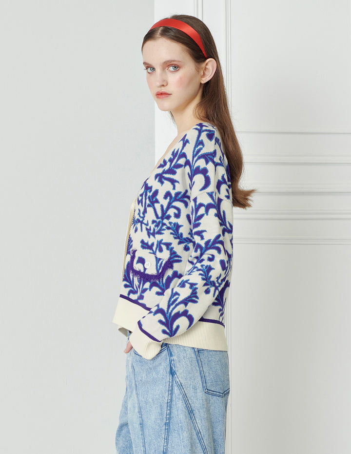 BORA AKSU Blue-Purple Retro Pattern Loose Wool Knitted Cardigan