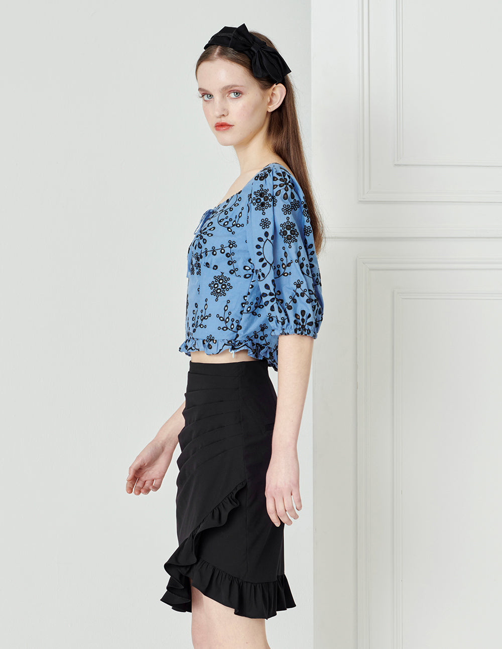 BORA AKSU Diamond Collar Fog Blue Cutout Embroidery Top