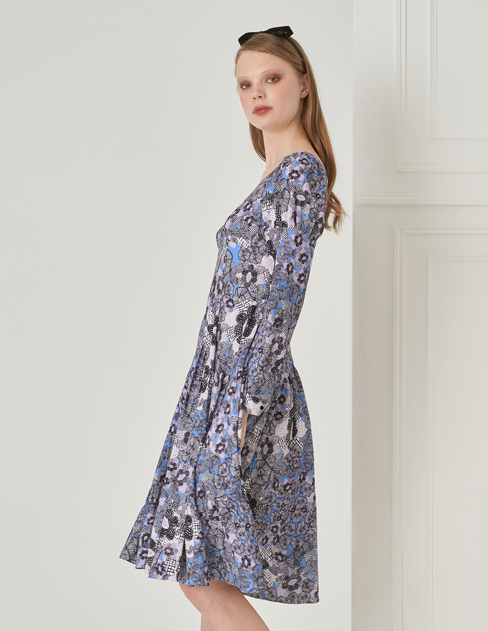 BORA AKSU Diamond Neck Print Pleated Neck Dress