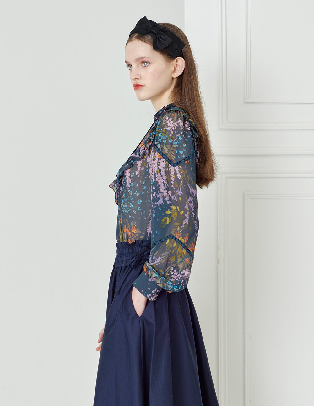 BORA AKSU Dark Blue Colour-Blockruffle Neck Puff Sleeve Floral Top