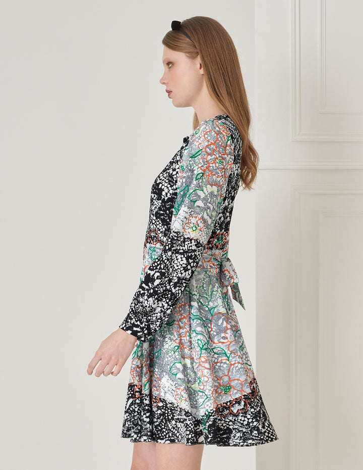 BORA AKSU Temperament Hollow Collar Puff Sleeve Lace Print Dress