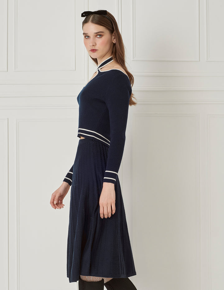 BORA AKSU Halterneck Off-The-Shoulder Blue And White Colourblock Wool Pullover