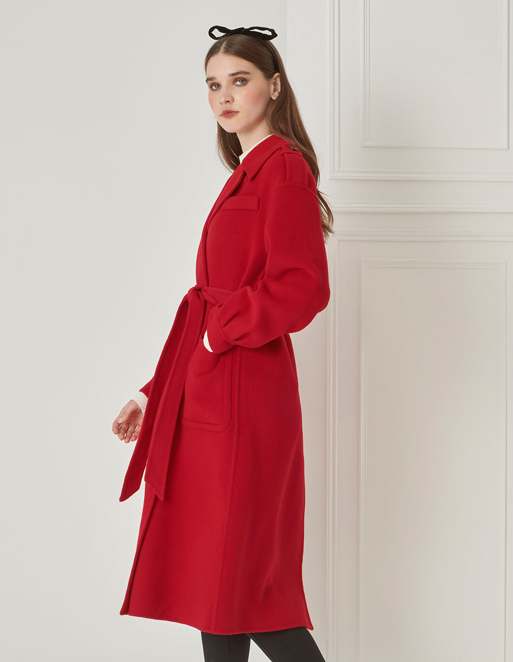 BORA AKSU Elegant Red Lantern Sleeve Lapel Lace-Up Woolen Coat