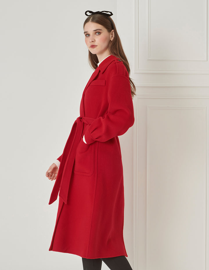 BORA AKSU Elegant Red Lantern Sleeve Lapel Lace-Up Woolen Coat