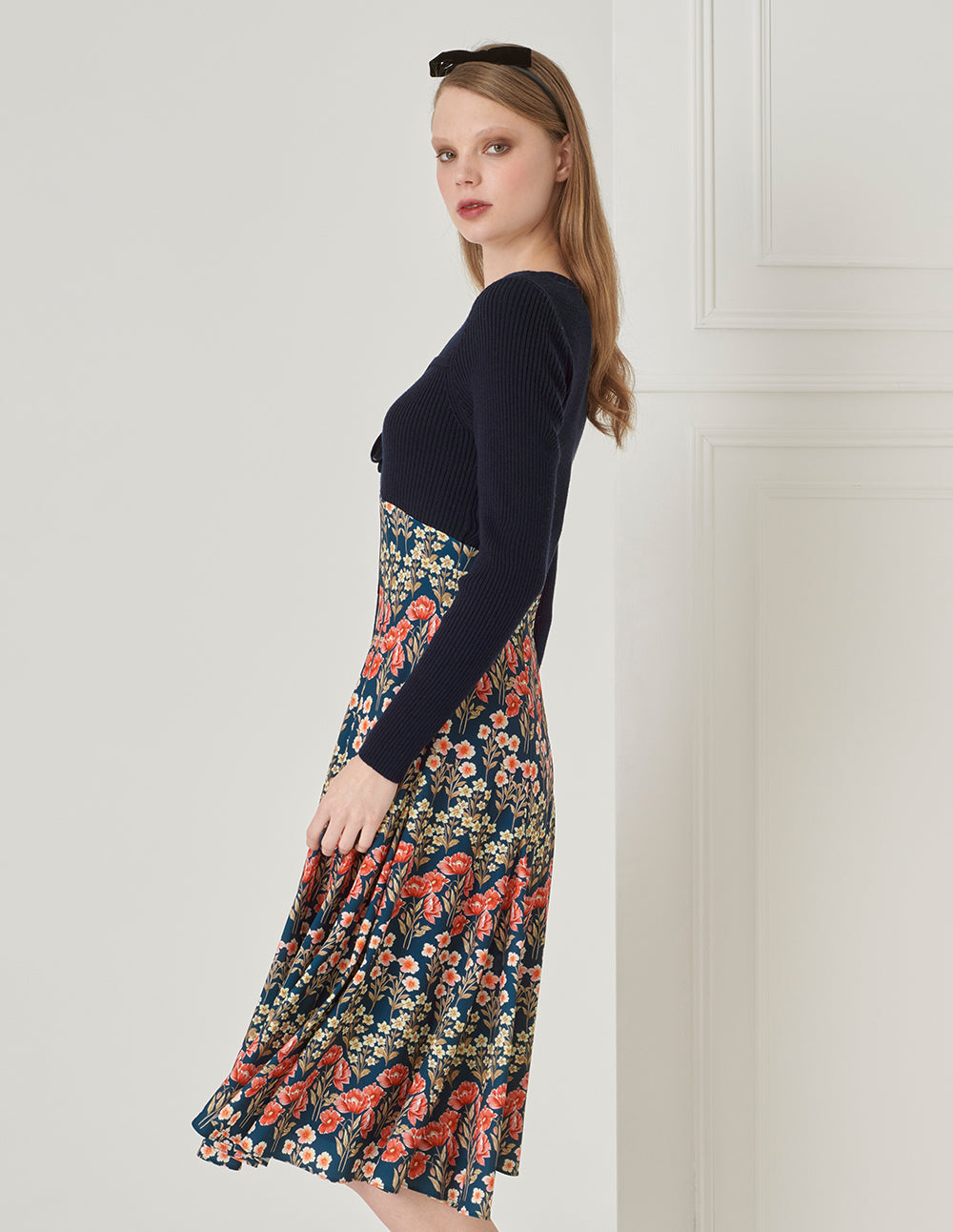 BORA AKSU Retro Diamond Collar Knit Woven Patchwork Printed Dress