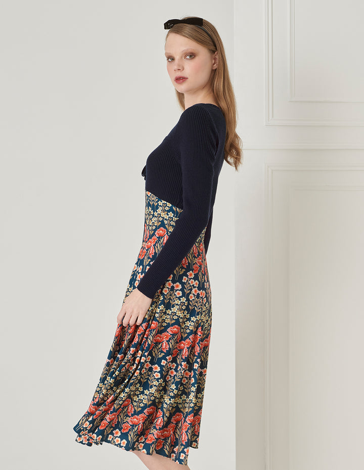 BORA AKSU Retro Diamond Collar Knit Woven Patchwork Printed Dress