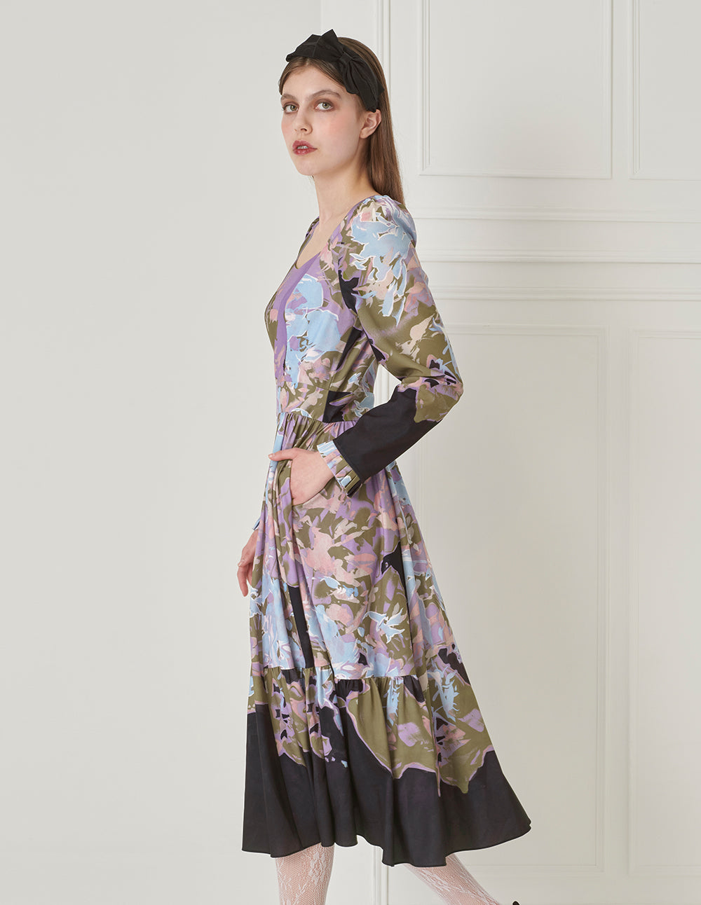 BORA AKSU French Vintage Diamond Collar Pleated Print Dress