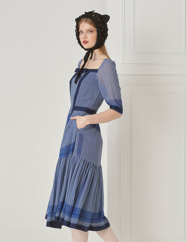 BORA AKSU Vintage Square Neck Puff Sleeve Polka Dot Print Dress