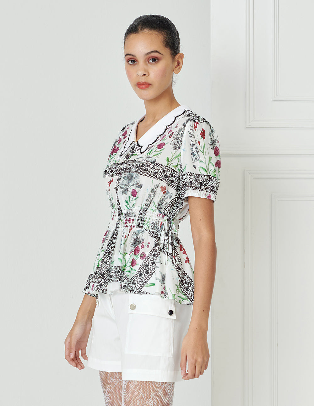 BORA AKSU Peter Pan Detailing Embroidered Collar Waist Print Top