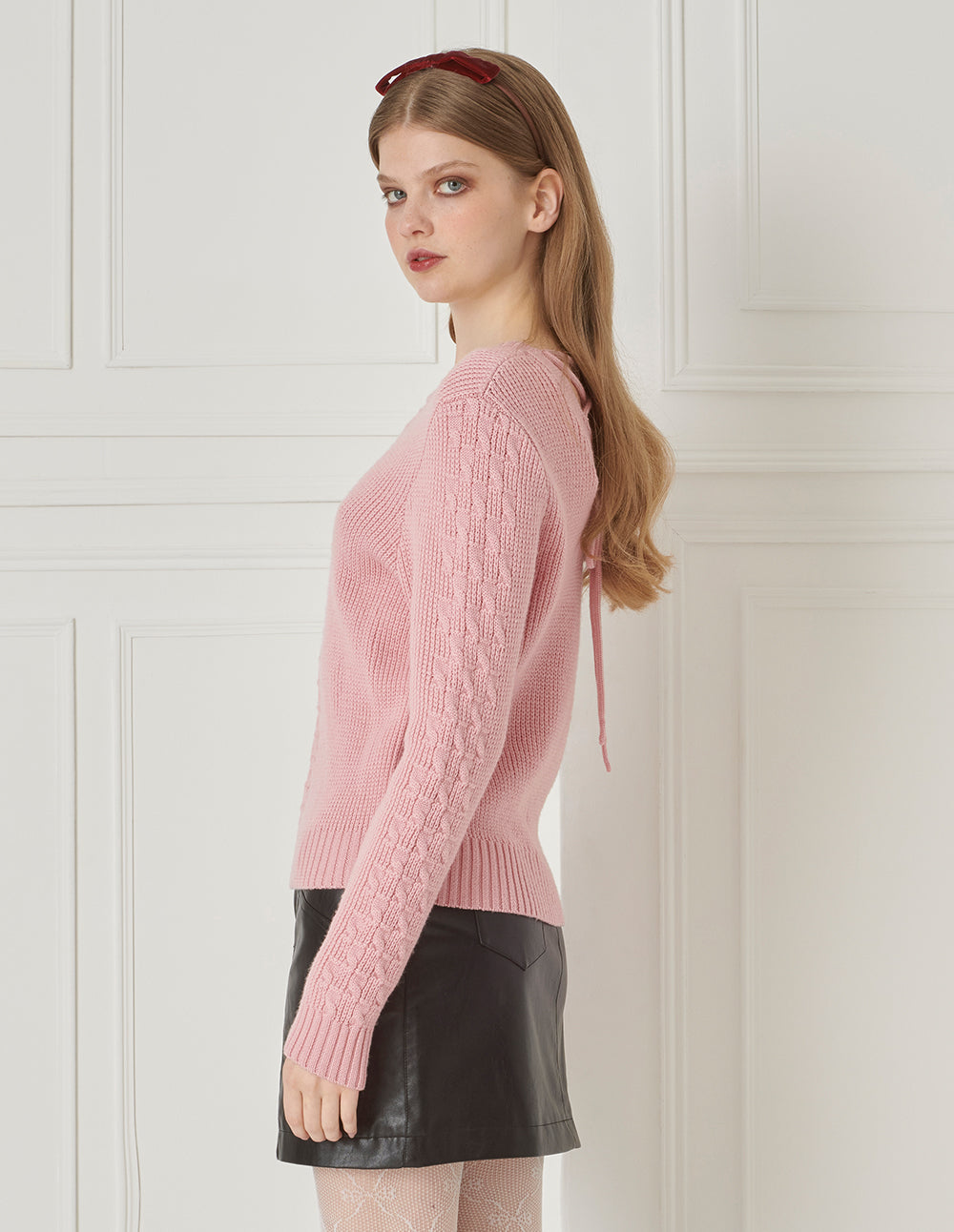 BORA AKSU Sweet Pink Cutout Lace-Up Wool-Knit Sweater