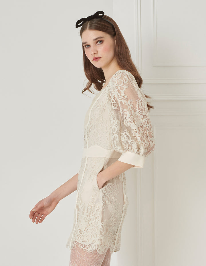 BORA AKSU French Vintage Puff Sleeve Diamond Collar Lace Dress
