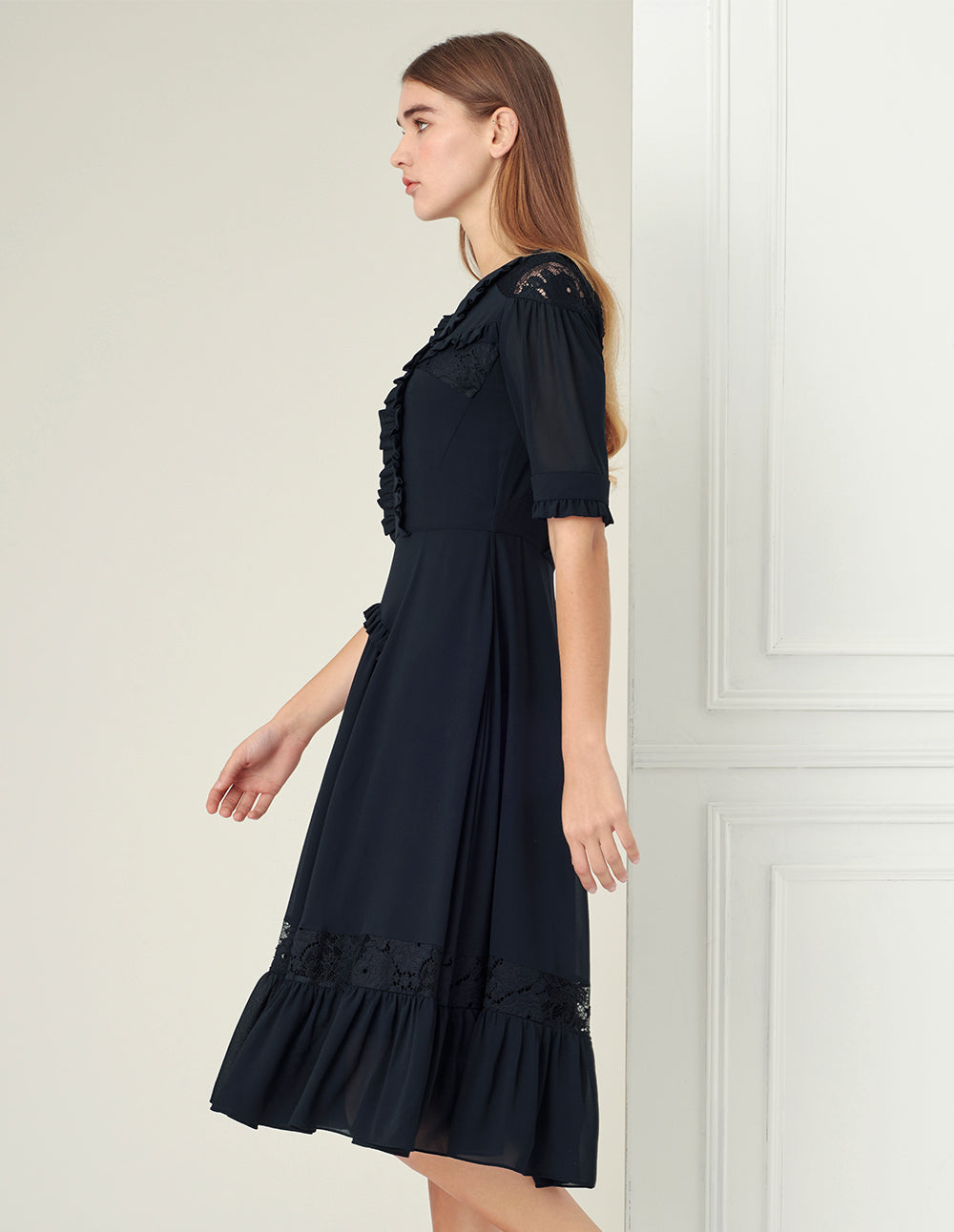BORA AKSU Navy Blue Lace Stitching Dress