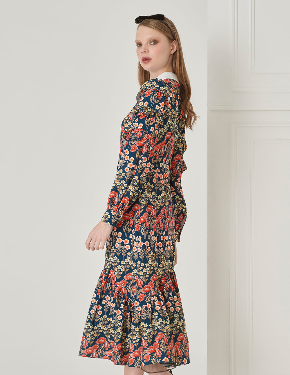 BORA AKSU Retro Lapel Puff Sleeve Fishtail Print Dress