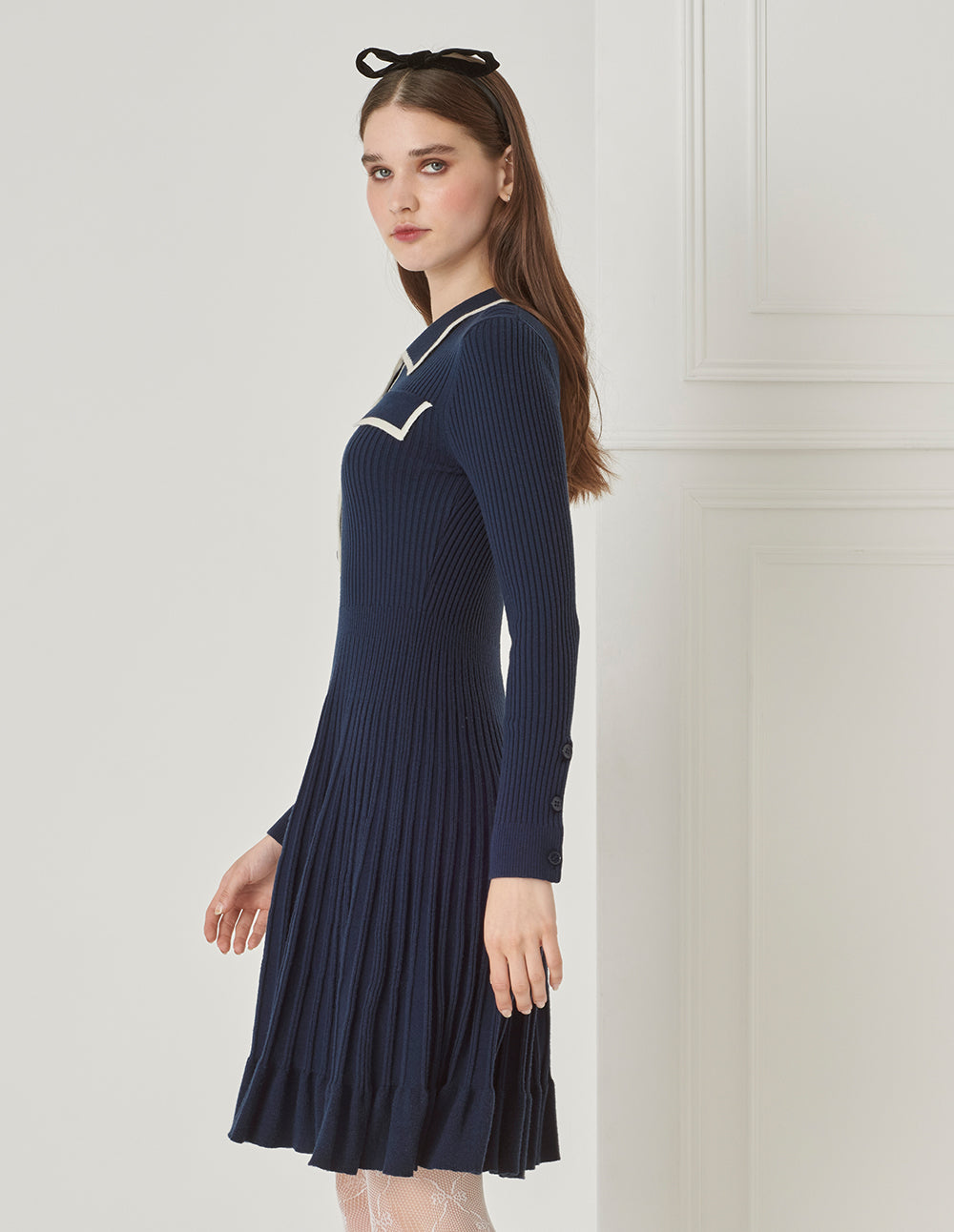 BORA AKSU Small Lapels Half-Front Pleated Wool Dress