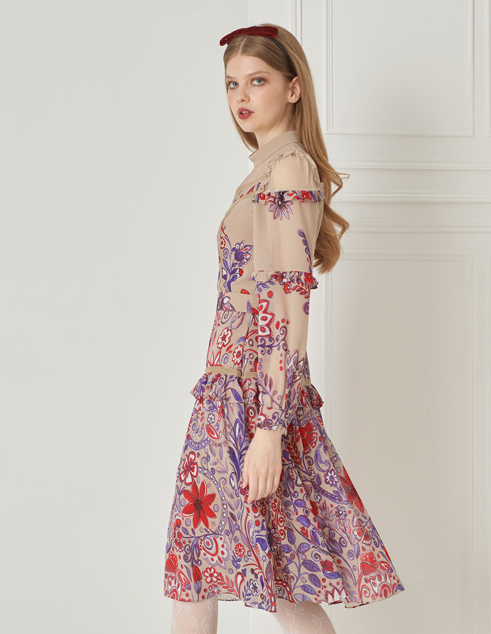 BORA AKSU French Sweet Stand-Up Collar Puff Sleeve Printed Dress