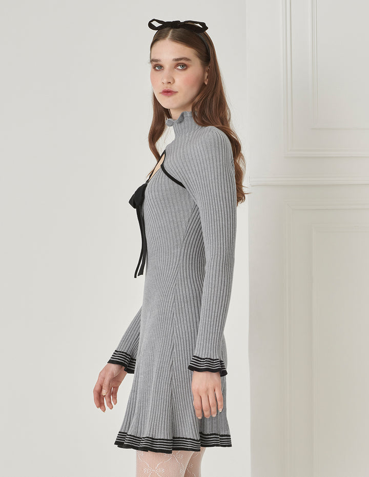 BORA AKSU Lace Stand Collar Waisted Wool Dress