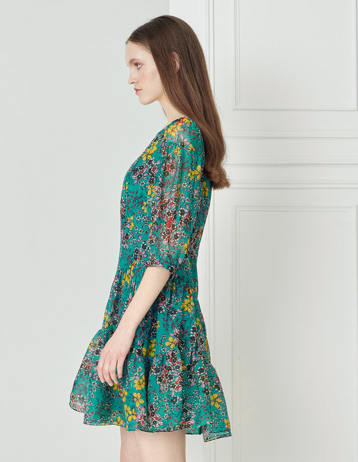 BORA AKSU Colourful Printed Silk Puff Sleeve Dress On Blue
