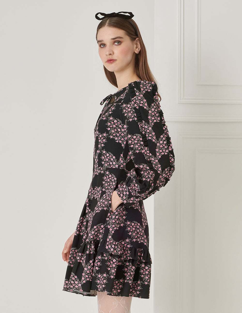 BORA AKSU Puff-Sleeved Bateau Neckline Ruffled Floral Dress