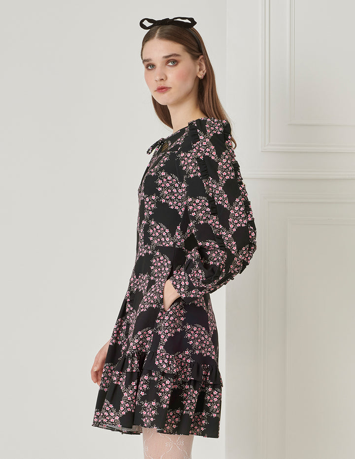 BORA AKSU Puff-Sleeved Bateau Neckline Ruffled Floral Dress