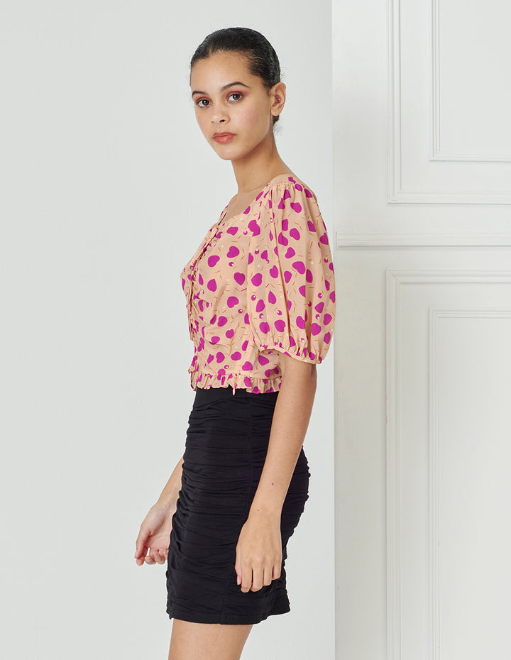 BORA AKSU Vintage Sweet Drawstring Silk Print Top