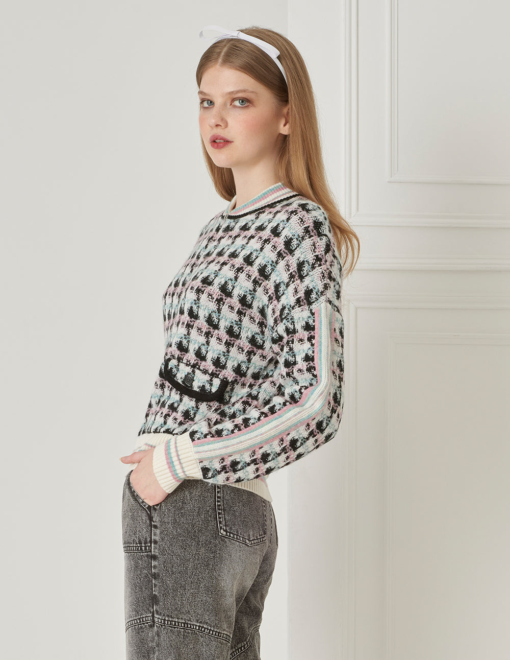 BORA AKSU Retro Texture Houndstooth Jacquard Texture Knitted Cardigan