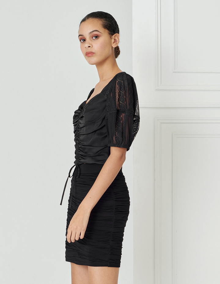BORA AKSU Lace-Paneled Drawstring Pleated Top