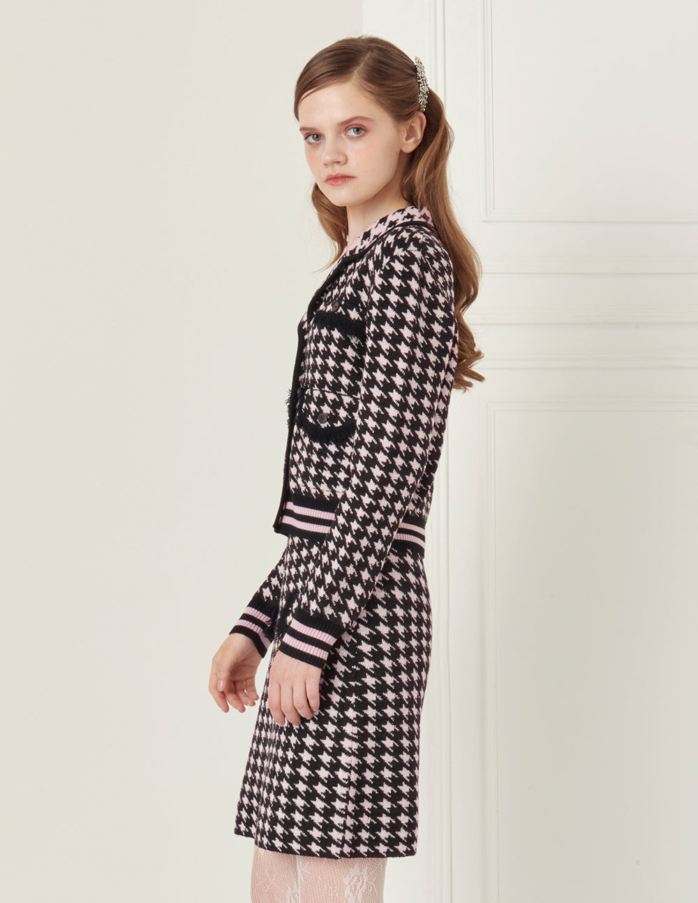 BORA AKSU Black Pink Houndstooth Knitted Skirt