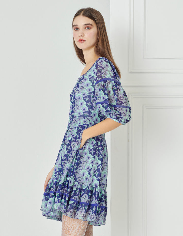 BORA AKSU Blue-Toned Japanese-Style Print Square-Neck Printed Pleated Dress