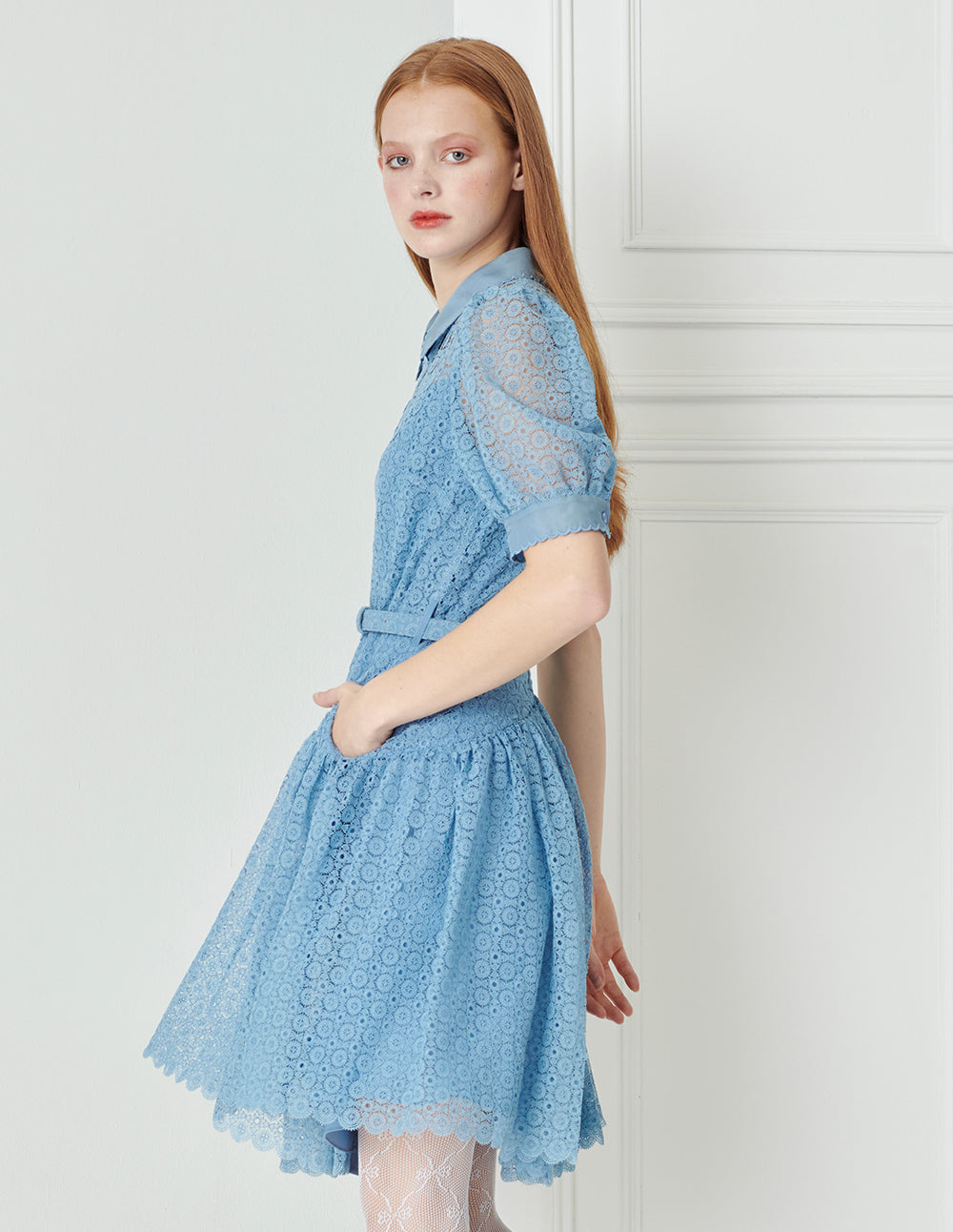 BORA AKSU Petal Trim Lace Pleated  Shirt Dress