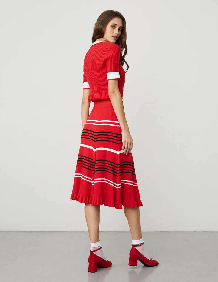 BORA AKSU Contrasted Stripe Color A-Line Midi Knit Skirt