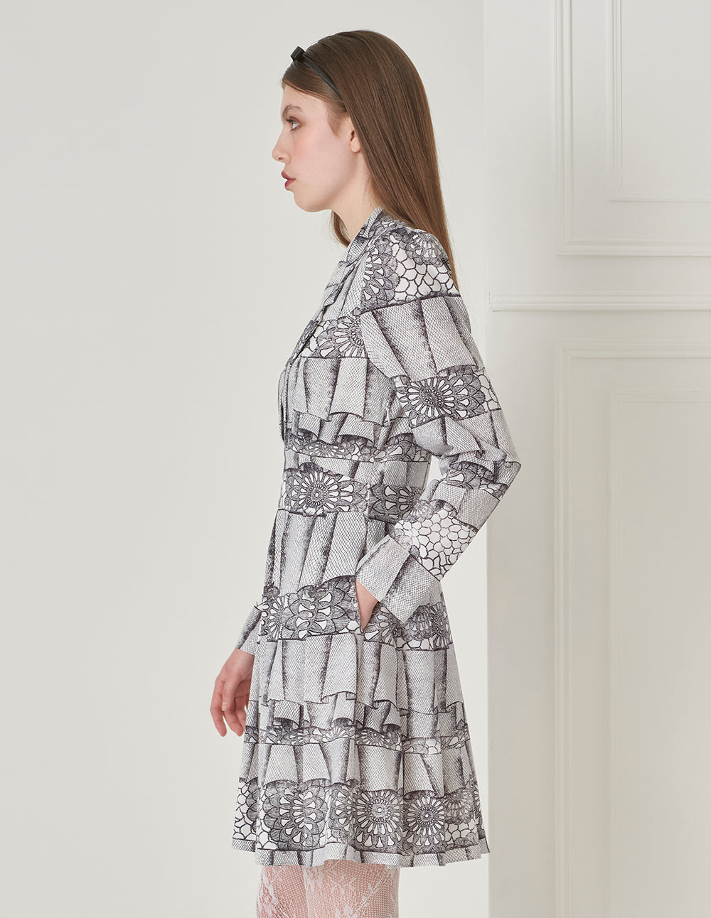 BORA AKSU Notched Lapel Puff Sleeve Abstract Print Long-Sleeved Dress