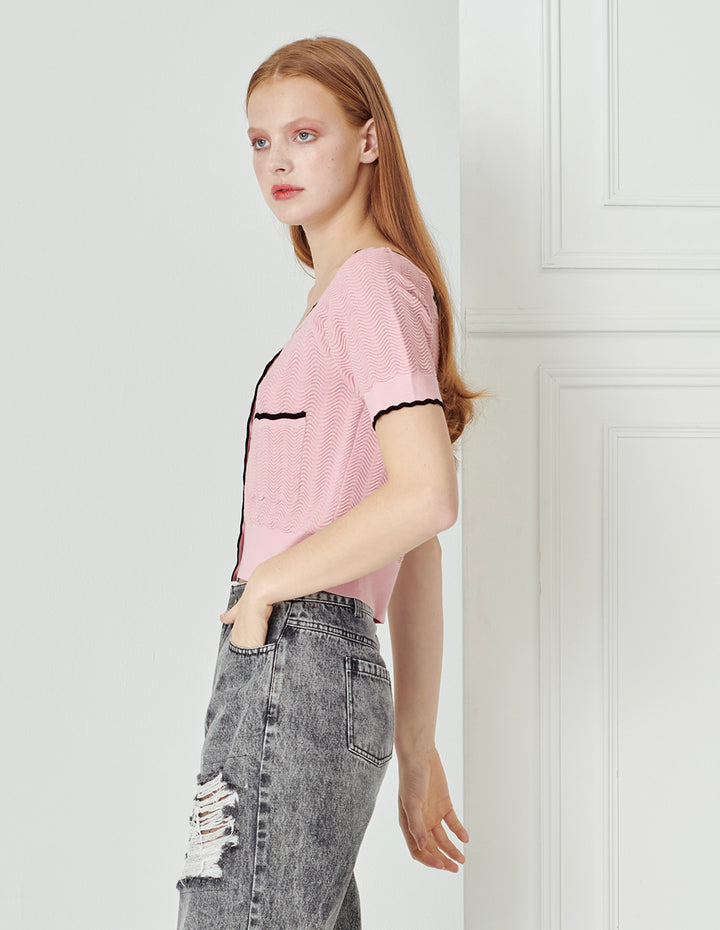 BORA AKSU Textured Short-sleeved Contrasting Colors Knitted Cardigan