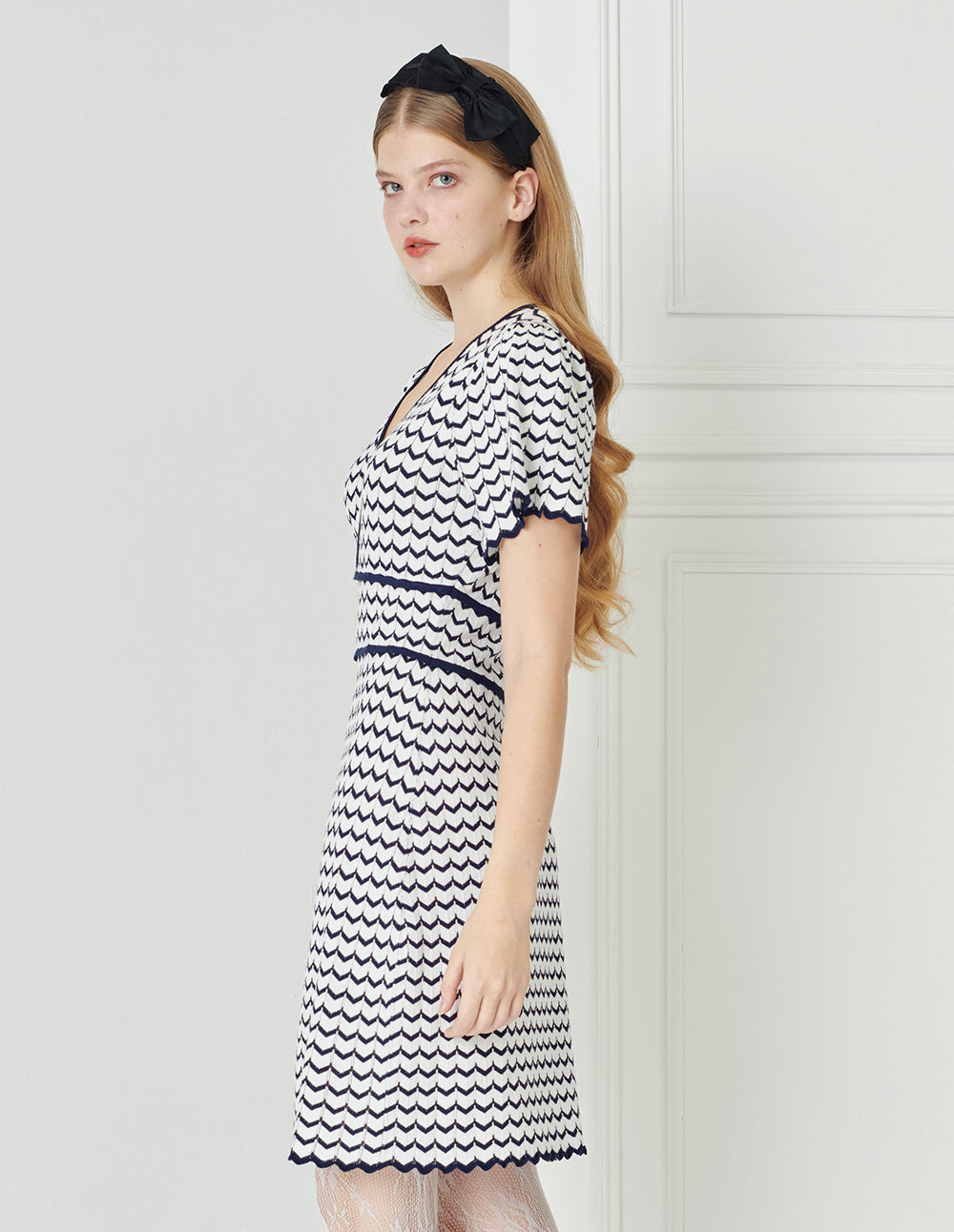 BORA AKSU Blue And White Striped V-Neck Knit Dresses